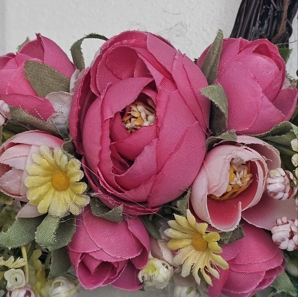Handmade floral bunny Spring/Easter Wreath with Different shades of pink florals